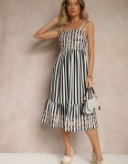 rosa Rochie de Bumbac Negru cu Alb cu Broderie Decorativă Redemae