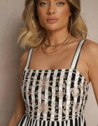 rosa Rochie de Bumbac Negru cu Alb cu Broderie Decorativă Redemae