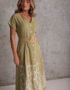 rosa Rochie de vară cu nasturi din vâscoză decorată cu broderie și cu curea împletită Tenope Bej închis