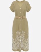 rosa Rochie de vară cu nasturi din vâscoză decorată cu broderie și cu curea împletită Tenope Bej închis