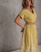 rosa Rochie de vară cu nasturi din vâscoză decorată cu broderie și cu curea împletită Tenope Galbenă