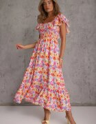 rosa Rochie de vară din viscoză cu model floral decorată cu volane Ompeda Roșie
