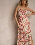 rosa Rochie din vâscoză roșu-bej cu croi evazat floral Redalie