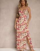rosa Rochie din vâscoză roșu-bej cu croi evazat floral Redalie