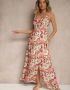 rosa Rochie din vâscoză roșu-bej cu croi evazat floral Redalie