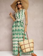rosa Rochie din Vâscoză Verde în Stil Cămașă cu Cordon din Material în Talie Drevima