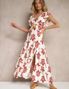 rosa Rochie din viscoză Alb-Roșu cu model geometric cu curea cu cataramă Viriala