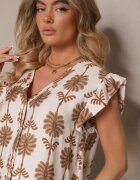 rosa Rochie Evazată Alb-Bej cu Imprimeu Floral din Bumbac Efalithea