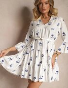 rosa Rochie Evazată Albă din Viscoză Decorată cu Broderie și Volane Aliorra