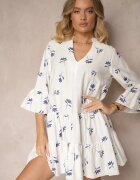 rosa Rochie Evazată Albă din Viscoză Decorată cu Broderie și Volane Aliorra