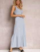 rosa Rochie Evazată Albastră Maxi din Țesătură de Bumbac Galaise
