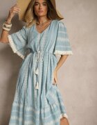 rosa Rochie Evazată Albastru Deschis Boho din Bumbac Decorată cu Broderie și Legătură Koriruna
