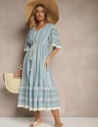 rosa Rochie Evazată Albastru Deschis Boho din Bumbac Decorată cu Broderie și Legătură Koriruna