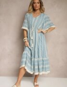 rosa Rochie Evazată Albastru Deschis Boho din Bumbac Decorată cu Broderie și Legătură Koriruna