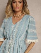 rosa Rochie Evazată Albastru Deschis Boho din Bumbac Decorată cu Broderie și Legătură Koriruna