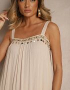rosa Rochie Evazată Bej din Viscoză cu Aplicații Metalice Sevinda