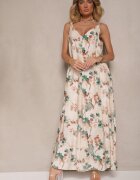 rosa Rochie Evazată Bej-Verde cu bretele din viscoză cu imprimeu floral Jenariona