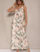rosa Rochie Evazată Bej-Verde cu bretele din viscoză cu imprimeu floral Jenariona