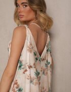 rosa Rochie Evazată Bej-Verde cu bretele din viscoză cu imprimeu floral Jenariona