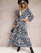 rosa Rochie evazată bleumarin-albastru cu elastic în talie și inserție ajurată Margotta