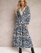 rosa Rochie evazată bleumarin-albastru cu elastic în talie și inserție ajurată Margotta
