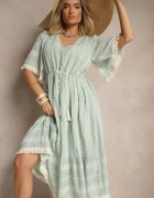 rosa Rochie Evazată Boho Mentă din Bumbac Decorată cu Broderie și Legătură Koriruna