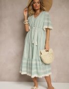 rosa Rochie Evazată Boho Mentă din Bumbac Decorată cu Broderie și Legătură Koriruna