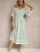 rosa Rochie Evazată Boho Mentă din Bumbac Decorată cu Broderie și Legătură Koriruna