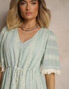 rosa Rochie Evazată Boho Mentă din Bumbac Decorată cu Broderie și Legătură Koriruna