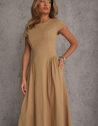 rosa Rochie evazată din vâscoză cu cusături modelatoare Meteia Bej