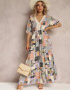 rosa Rochie Evazată Maxi Gri-Neagră cu Volan în Imprimeu Patchwork Fiorella