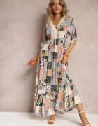 rosa Rochie Evazată Maxi Gri-Neagră cu Volan în Imprimeu Patchwork Fiorella