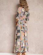 rosa Rochie Evazată Maxi Gri-Neagră cu Volan în Imprimeu Patchwork Fiorella