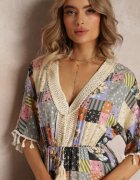 rosa Rochie Evazată Maxi Gri-Neagră cu Volan în Imprimeu Patchwork Fiorella