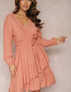 rosa Rochie evazată midi portocalie cu curea în talie și decolteu petrecut Gemiora