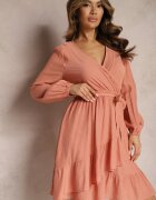 rosa Rochie evazată midi portocalie cu curea în talie și decolteu petrecut Gemiora