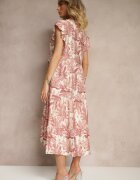 rosa Rochie Evazată Roz închis din Viscoză Decorată cu Imprimeu Floral Galmoi