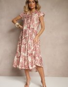 rosa Rochie Evazată Roz închis din Viscoză Decorată cu Imprimeu Floral Galmoi