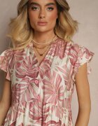 rosa Rochie Evazată Roz închis din Viscoză Decorată cu Imprimeu Floral Galmoi