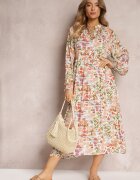 rosa Rochie Evazată Roz-verde cu Model Abstract și Partea Superioară cu Nasturi Skylare
