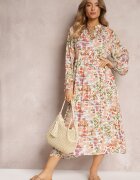 rosa Rochie Evazată Roz-verde cu Model Abstract și Partea Superioară cu Nasturi Skylare
