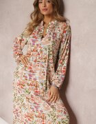 rosa Rochie Evazată Roz-verde cu Model Abstract și Partea Superioară cu Nasturi Skylare