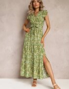 rosa Rochie Evazată Verde cu elastic în talie și volănaș Samat