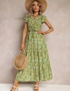 rosa Rochie Evazată Verde cu elastic în talie și volănaș Samat