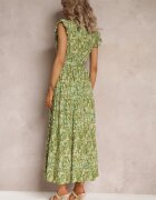 rosa Rochie Evazată Verde cu elastic în talie și volănaș Samat