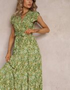 rosa Rochie Evazată Verde cu elastic în talie și volănaș Samat