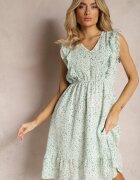 rosa Rochie Evazată Verde cu Elastic în Talie și Volane Ulaia