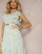 rosa Rochie Evazată Verde cu Elastic în Talie și Volane Ulaia