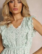 rosa Rochie Evazată Verde cu Elastic în Talie și Volane Ulaia