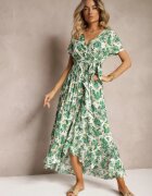 rosa Rochie Evazată Verde din Viscoză cu elastic în talie și cordon din material Vikllia